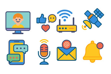 Child-Friendly Tech Icons. Flat vector mini-illustrations modern communication in colors children's illustrations: video call,