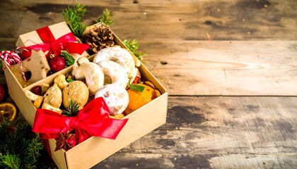 Festive gift box overflowing with assorted cookies and holiday decorations on a rustic wood surface