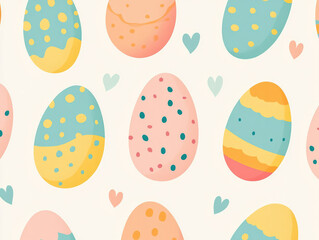 Colorful Easter eggs seamless pattern with festive spring decoration, cute bunny elements, pastel holiday background, decorative seasonal design for greeting cards, wrapping paper and celebration proj