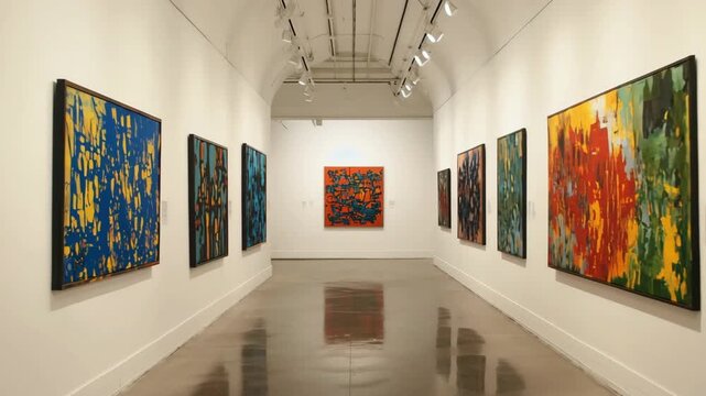 Slow dolly shot through a quiet, modern art gallery hallway with colorful abstract paintings. A peaceful and contemplative museum experience