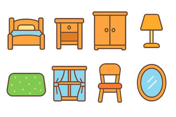 Children's Bedroom Icons. Flat vector mini-illustrations wardrobe in bedroom in colors children's illustrations: bed, nightstand,