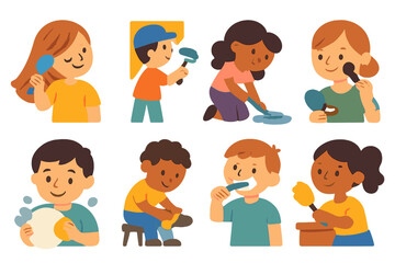 Children's Chore Icons. Flat vector mini-illustrations brush usage in colors children's illustrations: brushing hair, painting