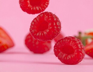 Fresh raspberries in motion against a pink backdrop