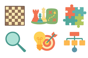 Children's Strategy Icons. Flat vector mini-illustrations strategy in colors children's illustrations: chessboard, game pieces,