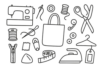 Fototapeta premium Cloth Bag Crafting Essentials. Hand-drawn doodle illustration Cloth bag making process sewing machine, needle, thread spool,