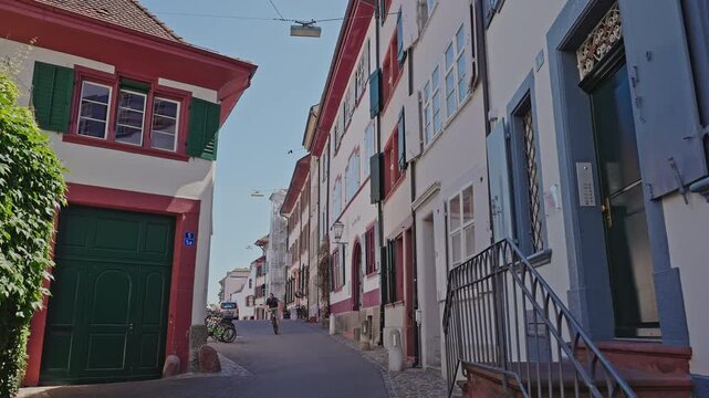 Narrow Historic Street with Colorful Houses in Basel Old Town.Captured on July 25, 2025