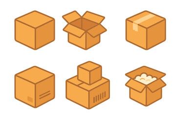 Fototapeta premium Colorful Box Icons. Flat vector mini-illustrations cardboard boxes in colors children's illustrations: closed cardboard box, open