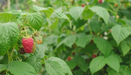 Fresh raspberries on a plant