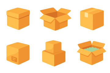 Fototapeta premium Colorful Box Icons. Flat vector mini-illustrations cardboard boxes in colors children's illustrations: closed cardboard box, open