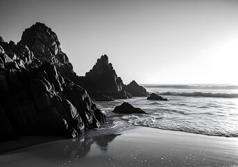 Black and white coastal rocks and waves at sunrisesunset.
