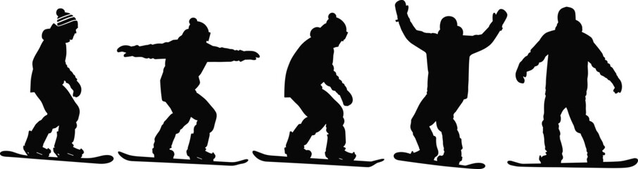 Silhouette sequence of snowboarder riding and balancing on a snowboard, performing smooth maneuvers in winter sports setting.