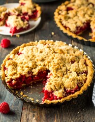 Fresh raspberry crumble pie on a rustic wooden table