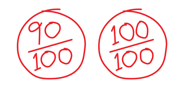 hand drawn exam score icon set. 9o out of 100 and 100 out of 100 hand drawn grade marks icon. hand drawn test result set. vector illustration and transparent background. school grading icon set. 