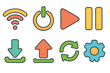 Colorful Kids' Icons. Flat vector mini-illustrations digital symbols in colors children's illustrations: wifi icon, power button,