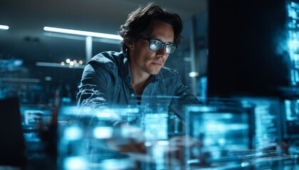 Software developer working with augmented reality holographic computer interface in futuristic office