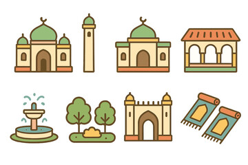 Obraz premium Colorful Mosque Icons. Flat vector mini-illustrations mosque complex in colors children's illustrations: main mosque building,