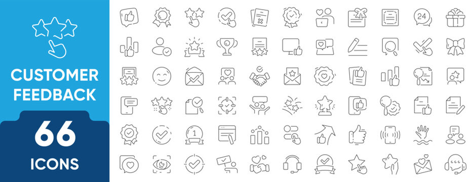 Customer Satisfaction Line Icon Set. Set of 66 outline icons including happy clients, feedback, reviews, rating stars, loyalty, testimonials, and support. Editable stroke. Linear vector illustration.