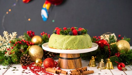 Festive green cake adorned with berries, encircled by Christmas decor on a white surface