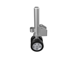 Advanced Aviation Mechanical Part: Close-Up 3D Illustration of Silver Aircraft Landing Gear with Black Rubber Wheels, Isolated Cut-Out for Engineering Design, Maintenance, and Product Showcase.