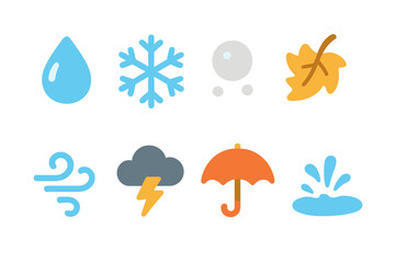 Colorful Weather Icons. Flat vector mini-illustrations weather falls in colors children's illustrations: raindrop, snowflake,