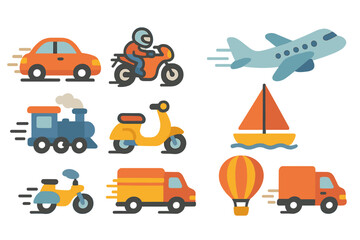 Colorful Vehicle Icons. Flat vector mini-illustrations vehicle motion in colors children's illustrations: speeding car, racing