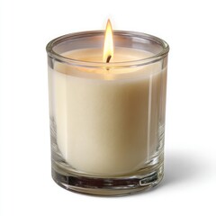 Lit Glass Candle on White Background flame burning