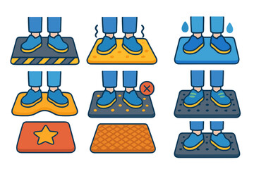 Colorful Workplace Mats. Flat vector mini-illustrations shoe mats for workplaces in colors children's illustrations: heavy-duty