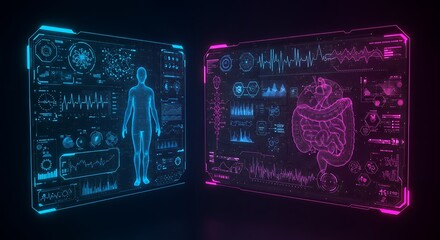 human body scans showing digital diagnostics for medical analysis in futuristic laboratory for healthcare advancements