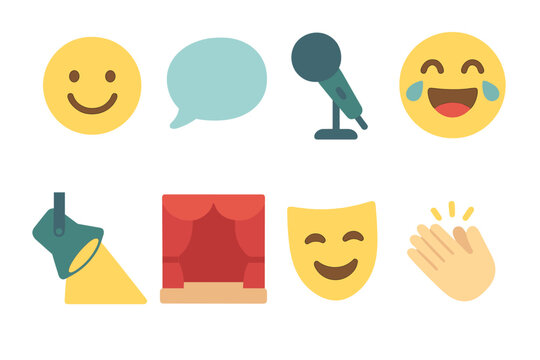 Comedy Show Icons. Flat vector mini-illustrations punchline in colors children's illustrations: smiling face, speech bubble,