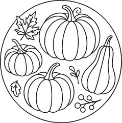 Hand drawn black and white coloring page with pumpkins and autumn harvest composition. Line art illustration, doodle style, perfect for kids and adult coloring books.