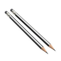 Two sharpened graphite pencils with erasers isolated on transparent background