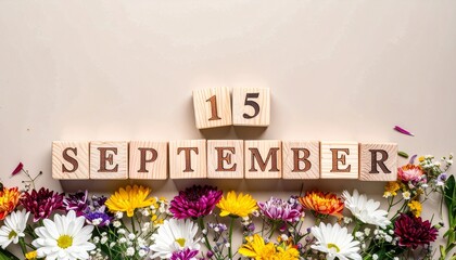 Wooden Blocks with Date 15 September. Floral Calendar – Vibrant Flowers on Solid Colored Background
