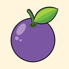 Cartoonstyle purple plum with a green leaf illustration on tan background