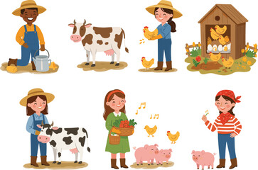 Cute cartoon farmers with cows, pigs, chickens, collecting vegetables, farm animals, agriculture lifestyle, children learning illustration for education
