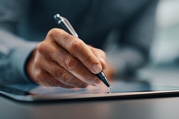 Close-up of a hand holding a pen and writing on a tablet