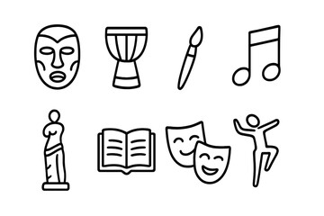 Cultural Legacy Icons. Outline icon set of cultural legacy: mask, drum, paintbrush, musical note, statue, book, theater mask,