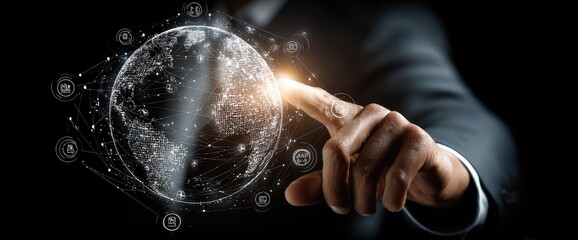 A hand hovers over a holographic, interconnected globe