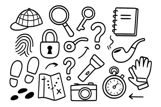 Detective Tools Icons. Hand-drawn doodle illustration detective clue detective hat, magnifying glass, notebook, fingerprint, key,