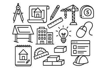 Fototapeta premium Architectural Design Tools. Hand-drawn doodle illustration architectural design blueprint, compass, ruler, pencil, drafting table,
