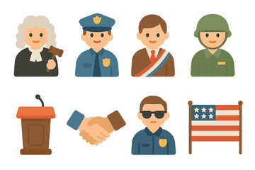 Authority Figures Icons. Flat vector mini-illustrations authority figures in colors children's illustrations: judge, police