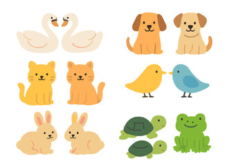 Obraz premium Animal Pairs Grid. Flat vector mini-illustrations pair of animals in colors children's illustrations: pair of swans, pair of dogs,