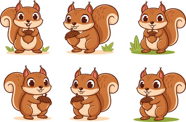 Cute cartoon squirrels holding acorns with big tails, adorable woodland animal characters standing on grass, perfect for kids book and stickers