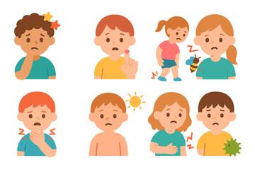 Causes of Pain Icons. Flat vector mini-illustrations causes of pain in colors children's illustrations: bump on head, cut finger,