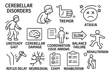 Cerebellar Disorders Icons. Hand-drawn doodle illustration cerebellar disorders unsteady gait icon, tremor symbol, ataxia sign,