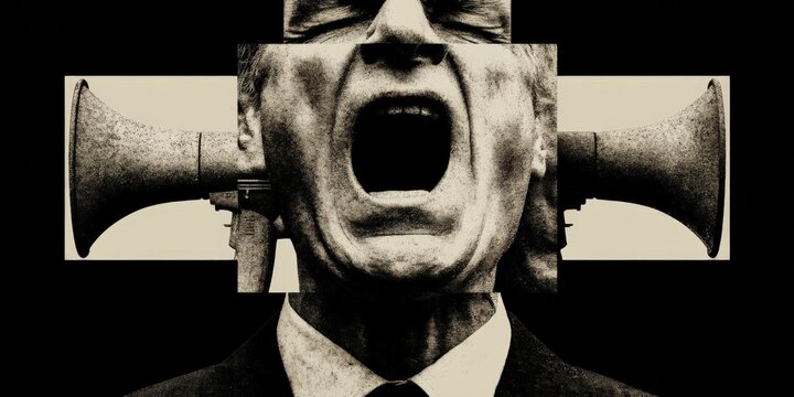 Surreal collage featuring a person with a megaphone, expressing intense emotion and surrounded by multiple loudspeakers, creating a striking visual impact. neutral background, clear negative space