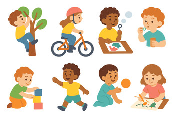 Children's Activity Icons. Flat vector mini-illustrations attempt in colors children's illustrations: boy climbing tree, girl