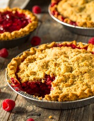 Fresh raspberry pies on a rustic wooden table