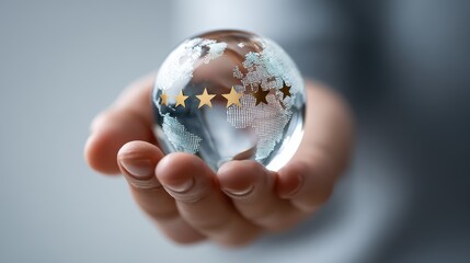 Stylish Individual Exemplifying Trust and Quality while Showcasing a Shimmering Globe with Five Symbolic Stars.
