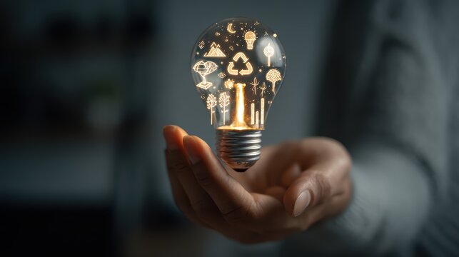Human Model Posing with Glowing Ecofriendly Light Bulb, Abstract Background with Symbols.