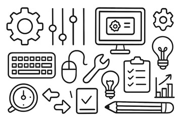 Obraz premium Doodle Audio Icon Set. Hand-drawn doodle illustration preset gear, sliders, computer screen, settings icon, keyboard, mouse,